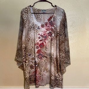 💞 5 for $10💞 JM Collection Brown & Red Floral Shirt with Rhinestone detailing
